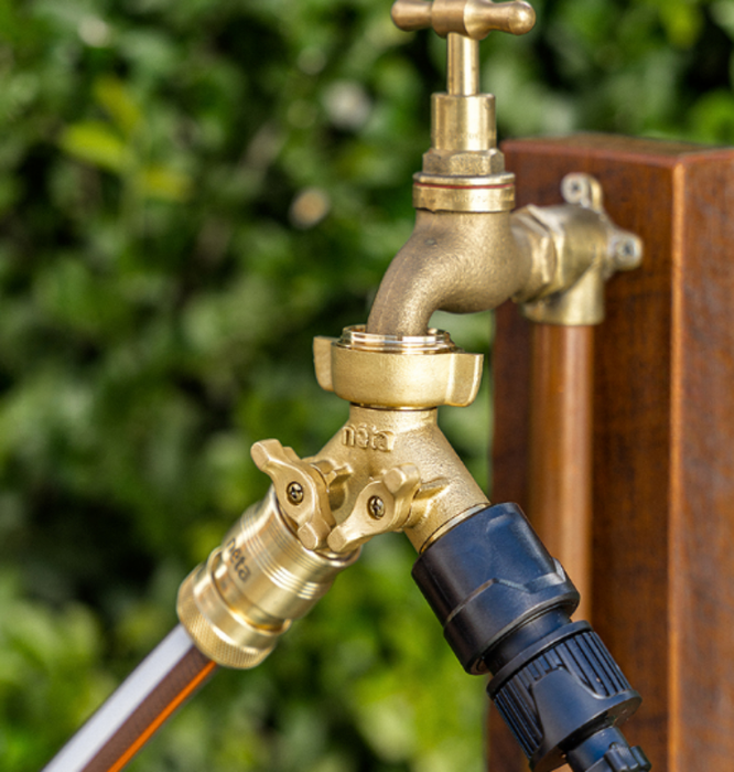 Neta 12mm Brass Universal Twin Tap with Hose Fitting Connection