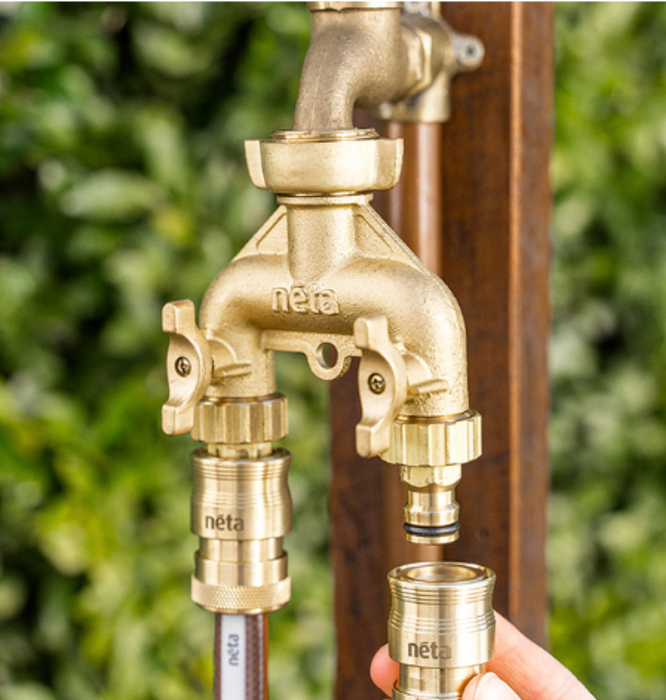Neta 20mm Brass 2-Way Screw-On Universal Twin Tap Connector