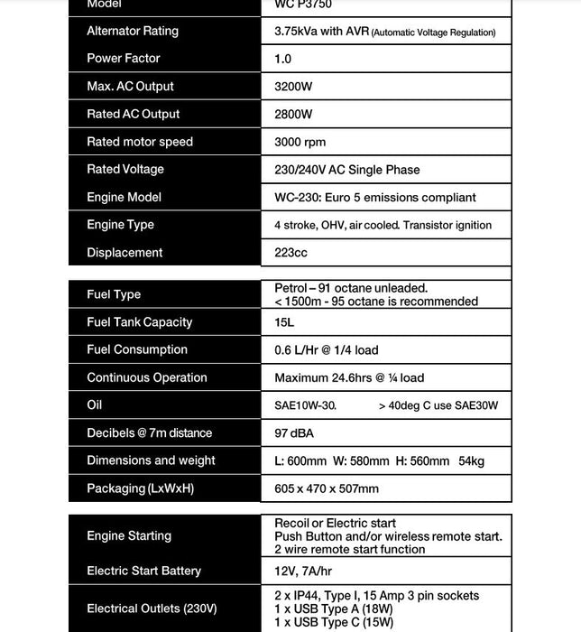 Welling & Crossley P3750 3.75kVa Portable Electric Generator with E-Start & 15L Fuel Tank