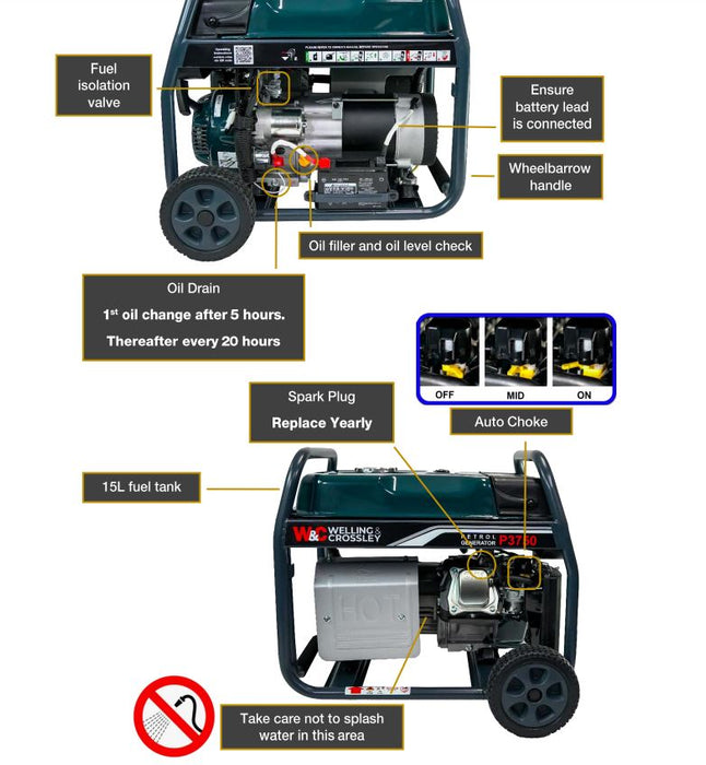 Welling & Crossley P3750 3.75kVa Portable Electric Generator with E-Start & 15L Fuel Tank