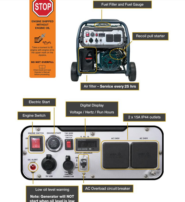 Welling & Crossley P3750 3.75kVa Portable Electric Generator with E-Start & 15L Fuel Tank