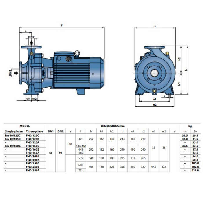 Pedrollo F40 Single Stage Close Coupled Centrifugal End Suction Pumps (Max 700LPM)