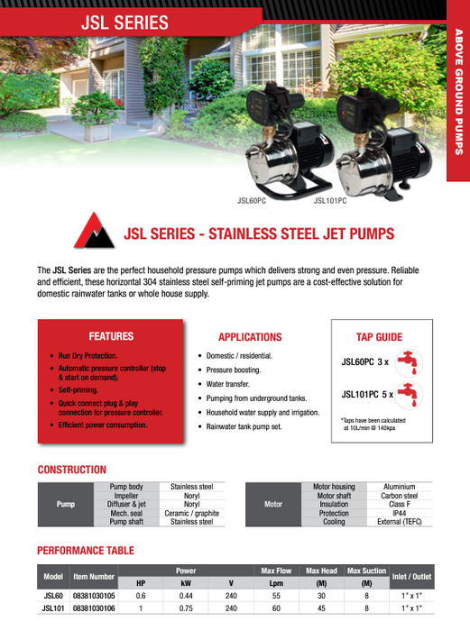 Pumpmaster JSL40PC 0.40kW Self-Priming Pressure Pump (Max 50LPM/300kPa)