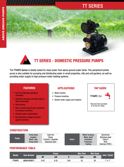 Pumpmaster TT45C 0.37kW Electrophoretic Coated Pressure Pump with Heavy-Duty Brass Impeller (Max 40LPM/350kPa)