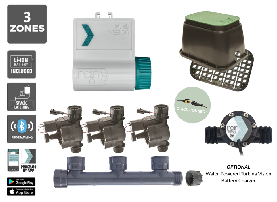Rain Smart 3 Zone Packaged Valve Box Kit with Purevision Battery-Operated Bluetooth Controller