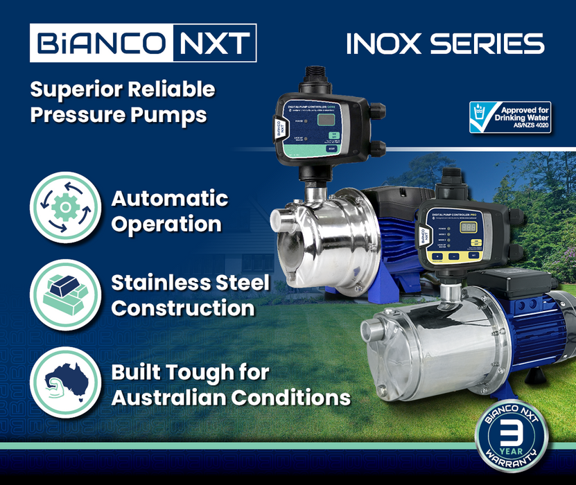 Bianco INOX45S2NXT 0.45kW Self Priming Jet Pump with NXT Controller (Max 58LPM/400kPa)