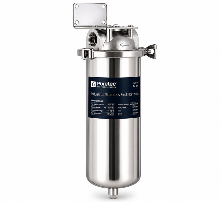 Puretec TSI-201 20mm Industrial 304 Stainless Steel 10" Water Filter Housing (19LPM)