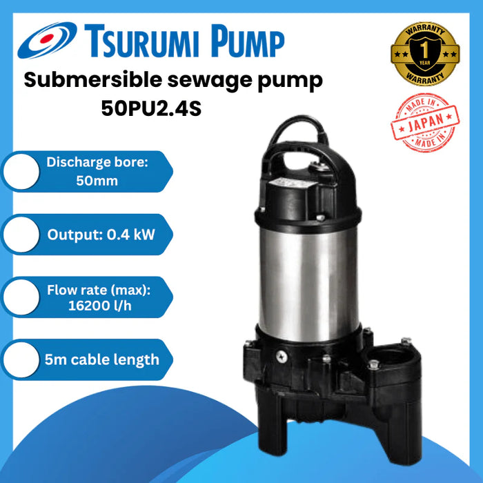 Tsurumi 50PU2.4S 0.40kW Single Phase Submerible Wastewater Pump with Vortex Impeller (Max 270LPM/95kPa)