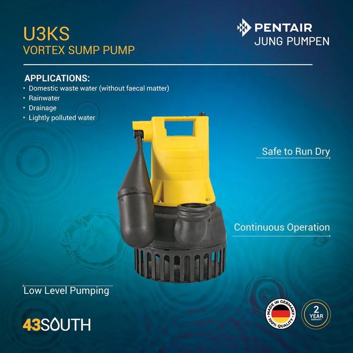 Jung Pumpen U3 KS 0.20kW Submersible Sump Pump for Dirty Water up to 20mm with Level Control (Max 108LPM/72kPa)