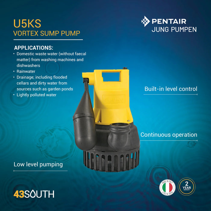 Jung Pumpen U5 KS 0.38kW Submersible Sump Pump for Dirty Water up to 20mm with Level Control (Max 188LPM/82kPa)