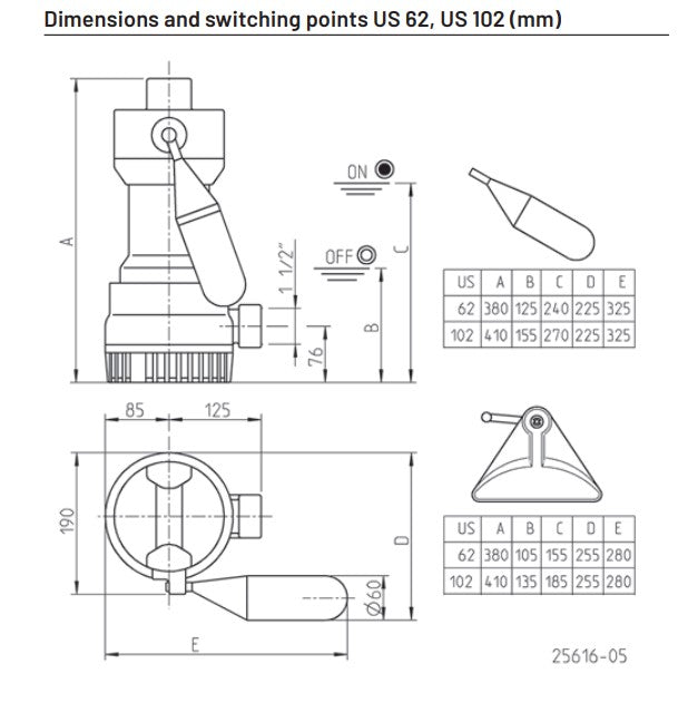 Jung Pumpen US102 ES 0.98kW Submersible Dirty Water Pump with 10mm Passage (Max 466LPM/127kPa)