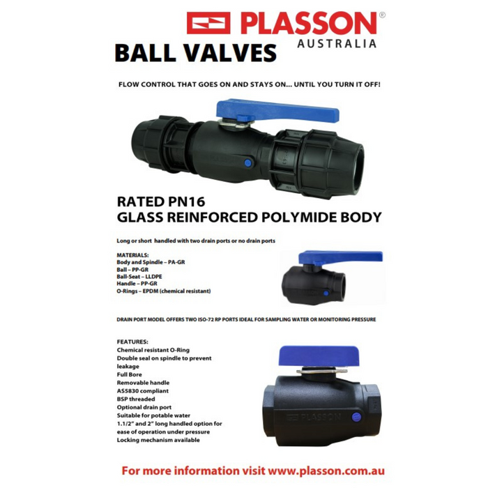 Plasson Ball Valves with Double Seal and Chemical Resistant O-Ring (20-50mm) - BSP Threaded