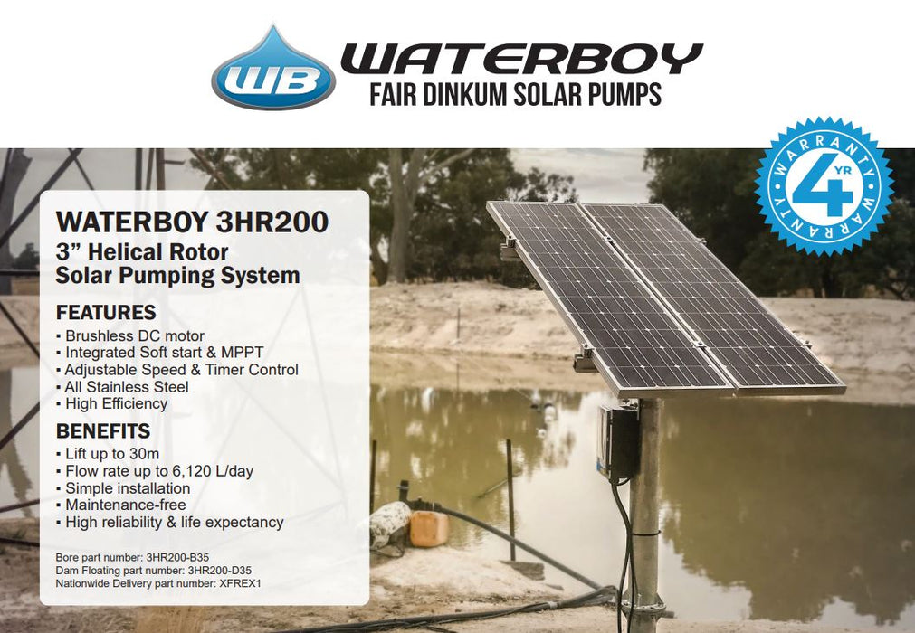 Waterboy 3HR200 0.50kW Submersible Helical Rotor Solar Bore Pump Complete Kit with 140W x2 Solar Panels & 35m Cable (Max 17LPM/300kPa)