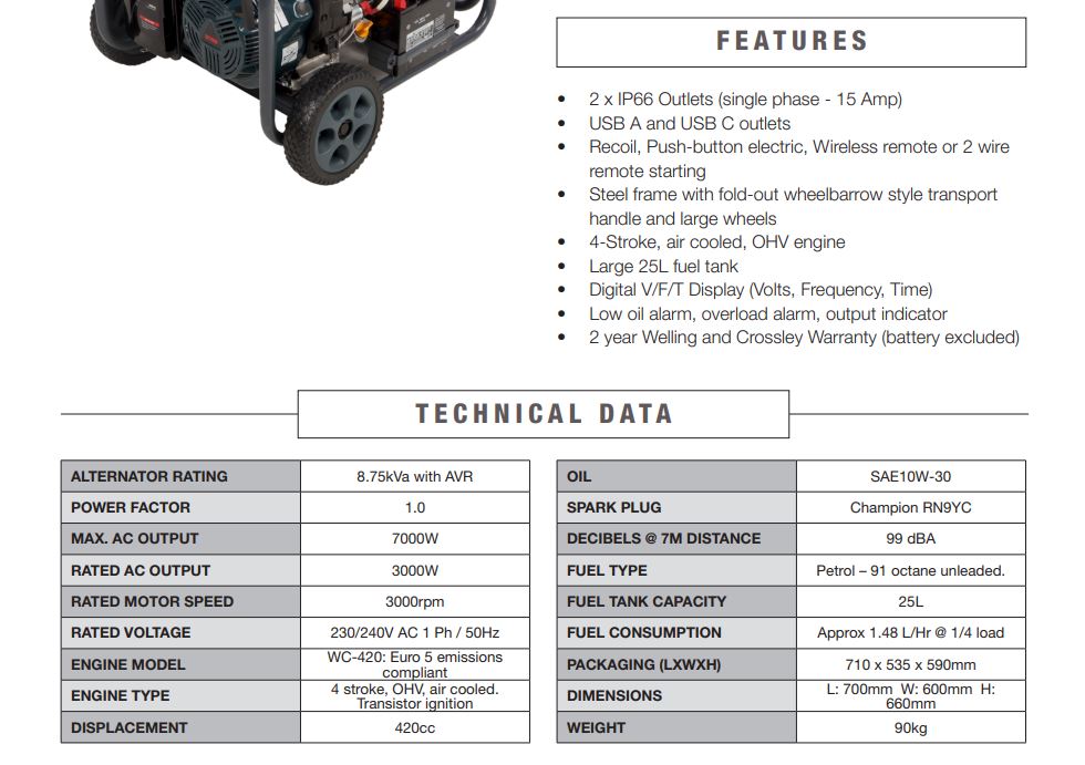 Welling & Crossley P8750 8.75kVa Portable Electric Generator with E-Start & 25L Fuel Tank