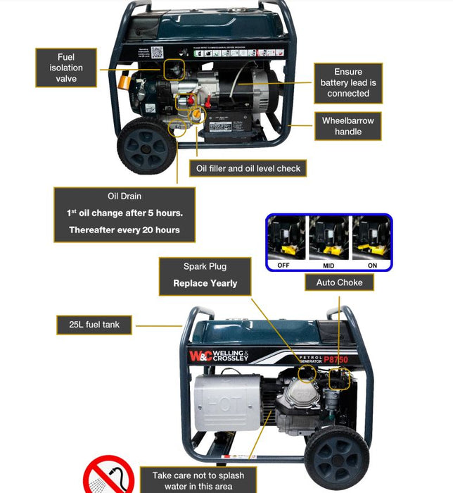 Welling & Crossley P8750 8.75kVa Portable Electric Generator with E-Start & 25L Fuel Tank