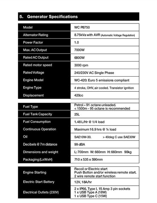 Welling & Crossley P8750 8.75kVa Portable Electric Generator with E-Start & 25L Fuel Tank