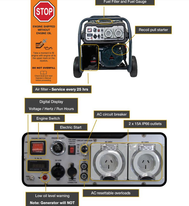 Welling & Crossley P8750 8.75kVa Portable Electric Generator with E-Start & 25L Fuel Tank