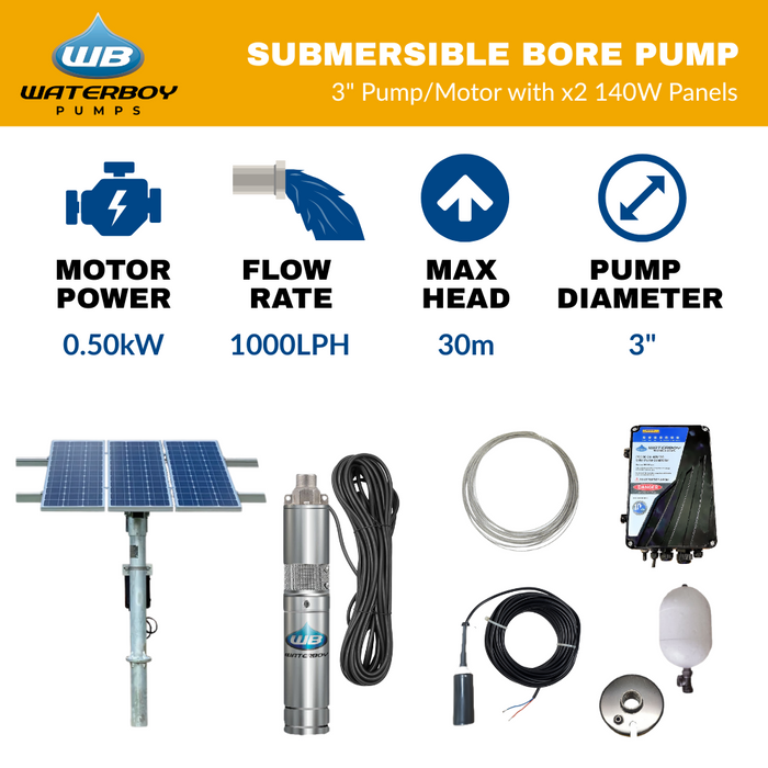 Waterboy 3HR200 0.50kW Submersible Helical Rotor Solar Bore Pump Complete Kit with 140W x2 Solar Panels & 35m Cable (Max 17LPM/300kPa)