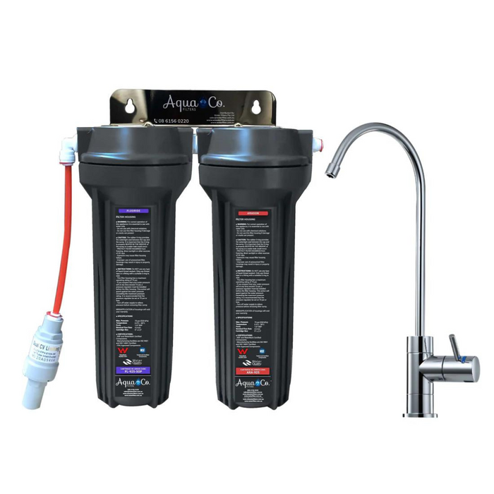 AquaCo SYS-925FA Dual Stage Undersink Water Filter System Kit with Faucet & Fluoride/Aragon Cartridges