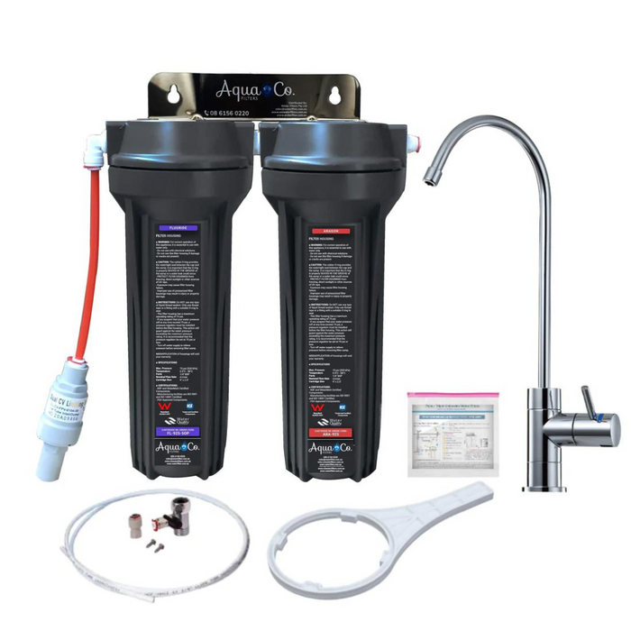 AquaCo SYS-925FA Dual Stage Undersink Water Filter System Kit with Faucet & Fluoride/Aragon Cartridges