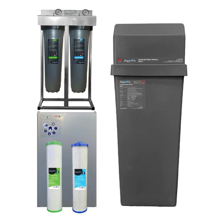 AquaCo Classic 3-Stage 20" x 4.5" Whole House Water Filter System with Stainless Steel Cover & Water Softener Combo Deal