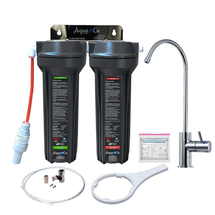 AquaCo SYS-925SA Dual Stage Undersink Water Filter System Kit with Faucet & Sediment/Aragon Cartridges
