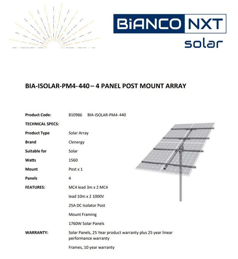 Bianco NXT Solar 4 x 440W Solar Panel Post Mount Kit | Shop Online
