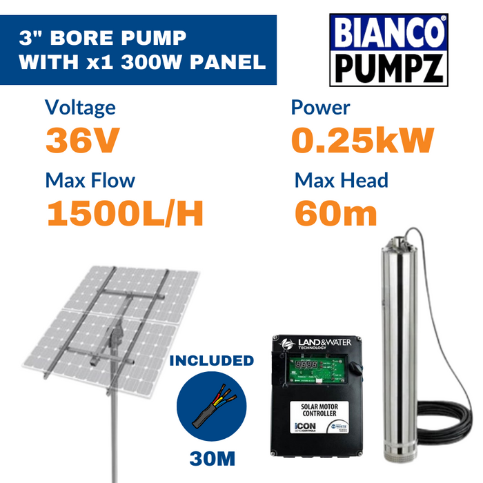 Bianco iSolar 3" 0.25kW Submersible Helical Solar Bore Pump Complete Kit with 1 Panel Array (Max 25LPM/ 600kPa)