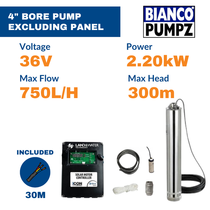 Bianco iSolar 4" 2.20kW Helical Solar Pump Complete Kit (ex Panels) (Max 11.5LPM/3000kPa)