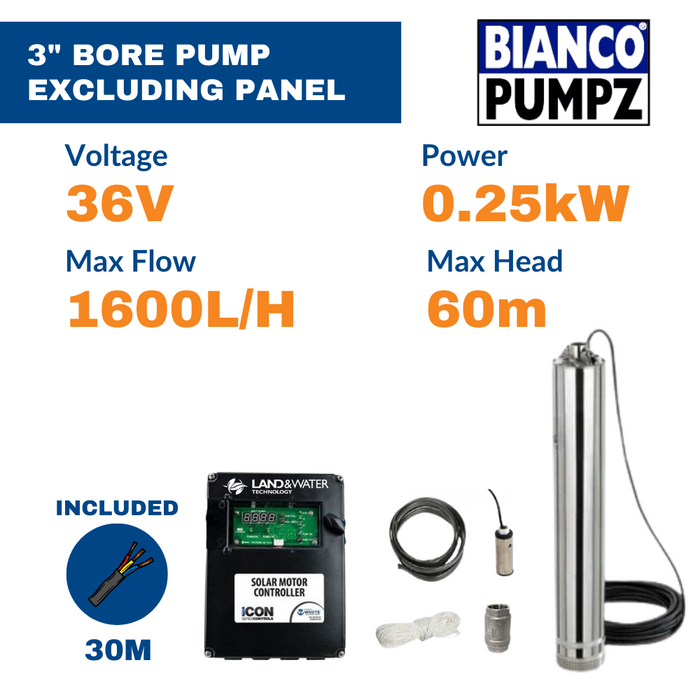 Bianco iSolar 3" 0.25kW Helical Solar Pump Complete Kit (ex Panels) (Max 25LPM/600kPa)