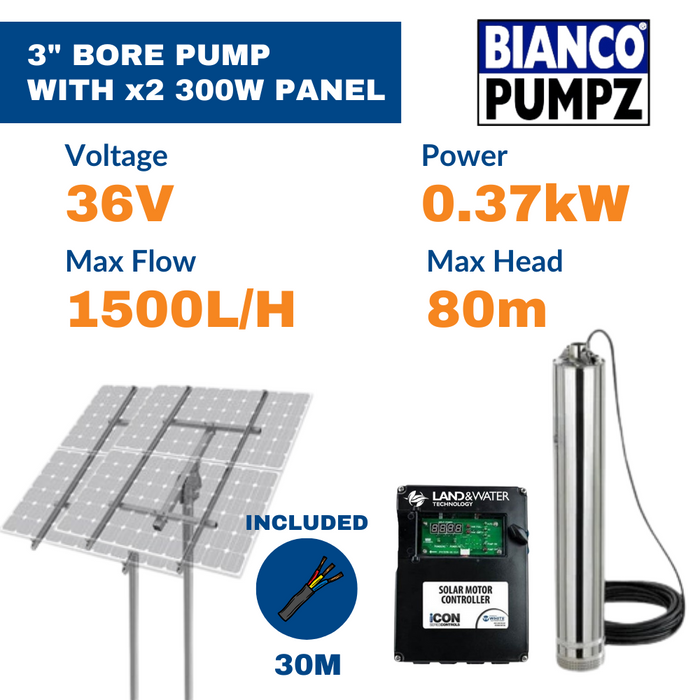 Bianco iSolar 3" 0.37kW Submersible Helical Solar Bore Pump Complete Kit with 2 Panel Array (Max 25LPM/ 800kPa)