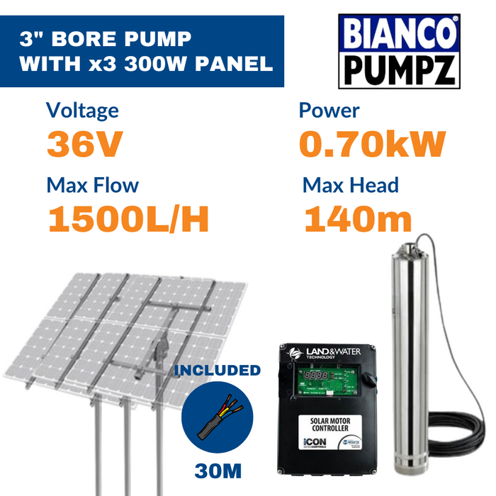 Bianco iSolar 3" 0.70kW Submersible Helical Solar Bore Pump Complete Kit with 3 Panel Array (Max 25LPM/ 1400kPa)