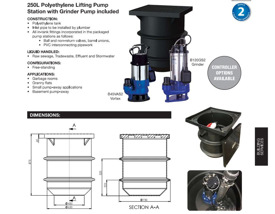 Bianco 250L Packaged Wastewater Sewage Pump Station with B120GS2 Grinder Pump & iAlarm Kit (Max 341LPM/200kPa)
