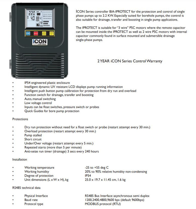 Bianco I-Protect up to 2.2kW Single Phase Pump Controller