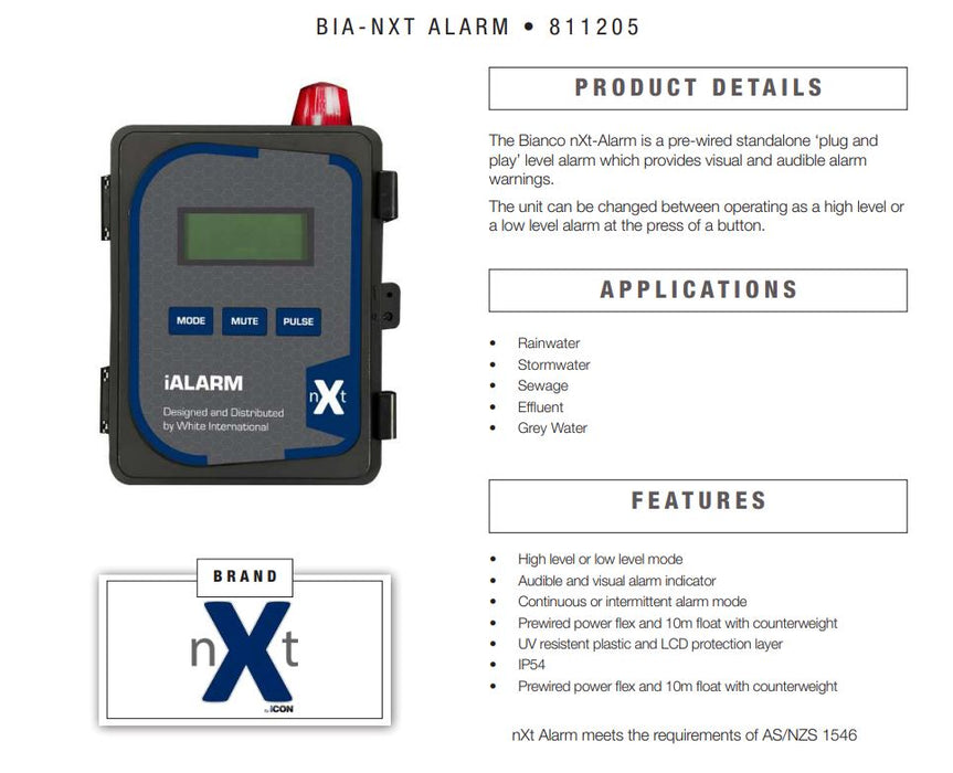 Bianco NXT iAlarm Liquid Level Control Panel with Audio and Visual Alarm & 10m Float Switch