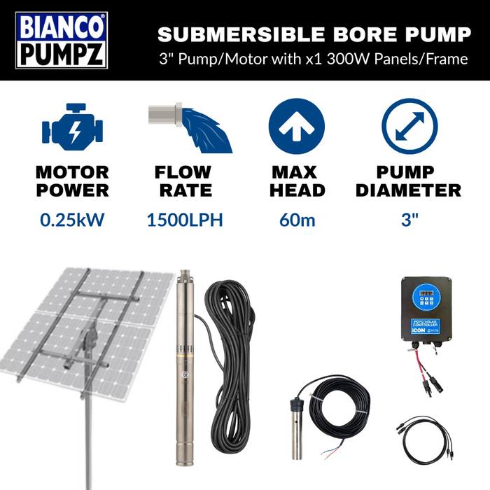 Bianco iSolar 3" 0.25kW Submersible Helical Solar Bore Pump Complete Kit with 1 Panel Array (Max 25LPM/ 600kPa)