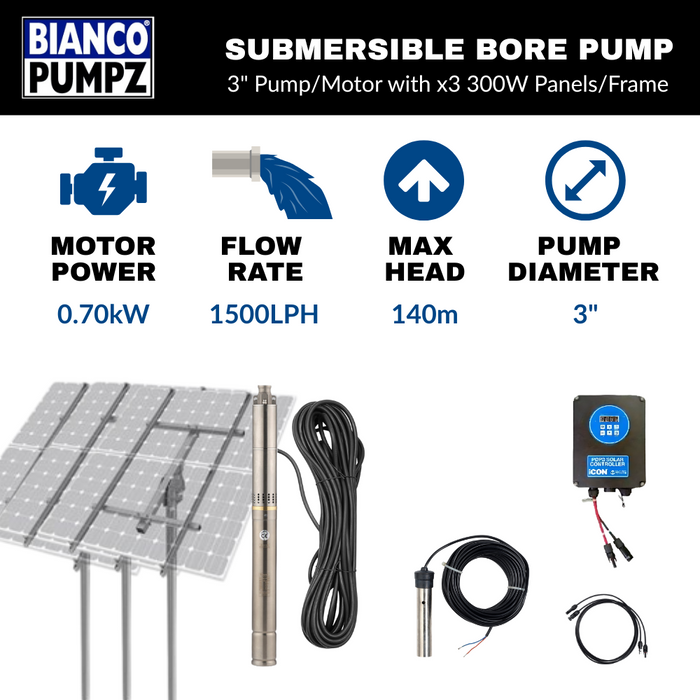 Bianco iSolar 3" 0.70kW Submersible Helical Solar Bore Pump Complete Kit with 3 Panel Array (Max 25LPM/ 1400kPa)