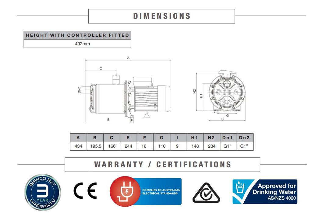 Bianco MULTI-SP 5-30 0.55kW Self-Priming Multistage Pressure Pump (Max 60LPM/570kPa)