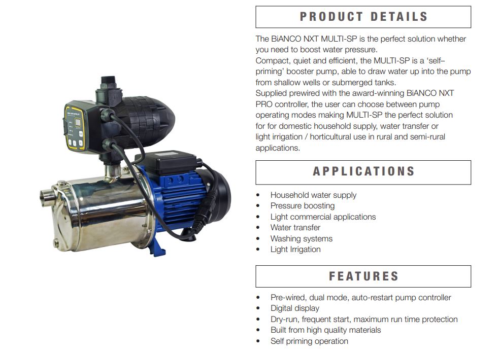 Bianco MULTI-SP 5-50 1.00kW Self-Priming Multistage Pressure Pump (Max 98LPM/720kPa)