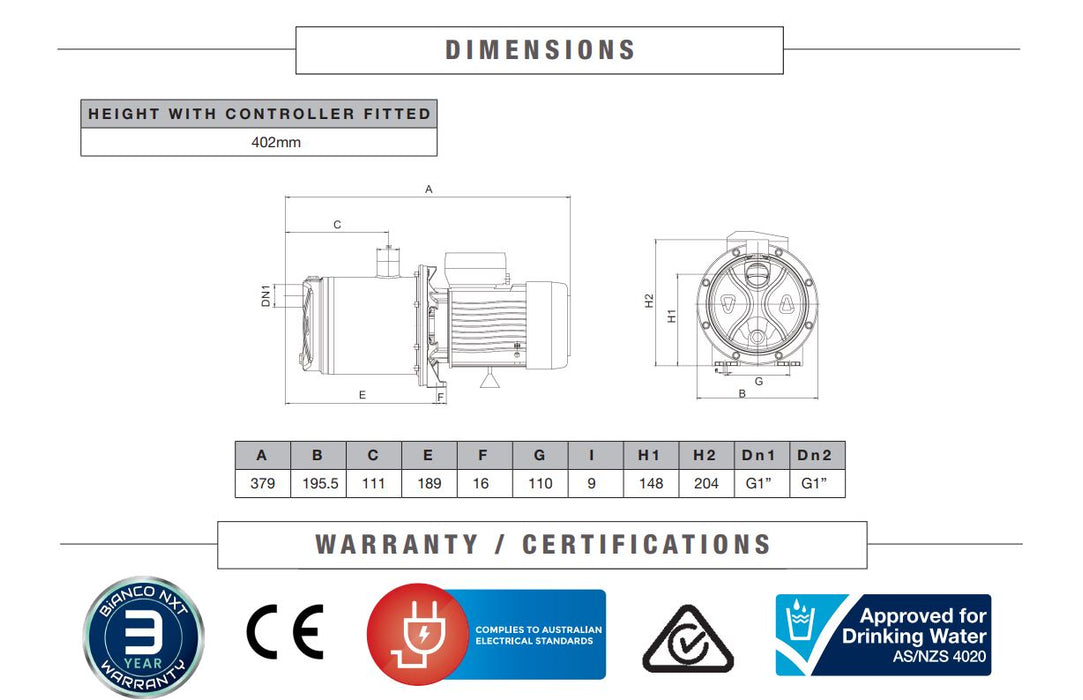 Bianco MULTI-SP 3-50 0.55kW Self-Priming Multistage Pressure Pump (Max 98LPM/420kPa)