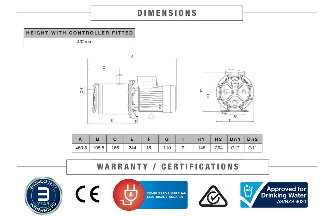 Bianco MULTI-SP 4-50 0.75kW Self-Priming Multistage Pressure Pump (Max 98LPM/575kPa)