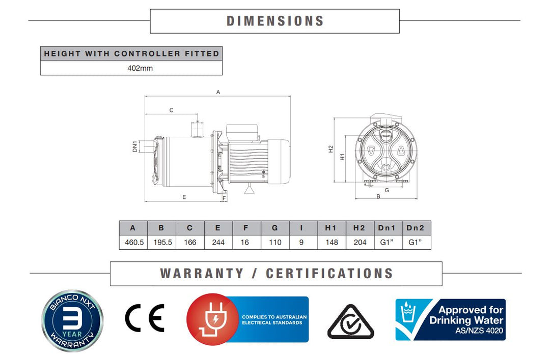 Bianco MULTI-SP 5-50 1.00kW Self-Priming Multistage Pressure Pump (Max 98LPM/720kPa)