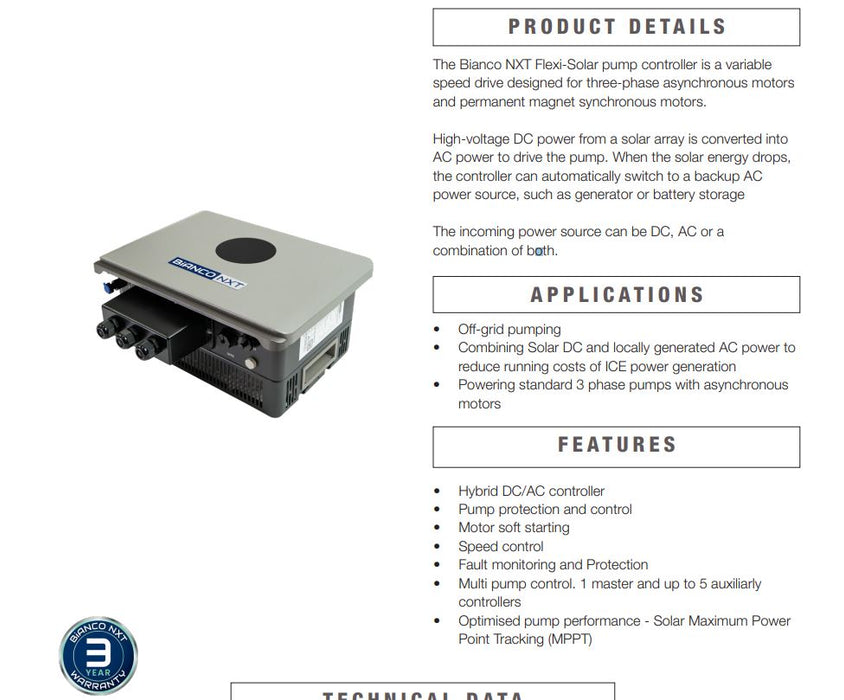 Bianco NXT FlexiSolar-40 4.0kW Variable Speed Drive Controller with Hybrid AC/DC Convertor