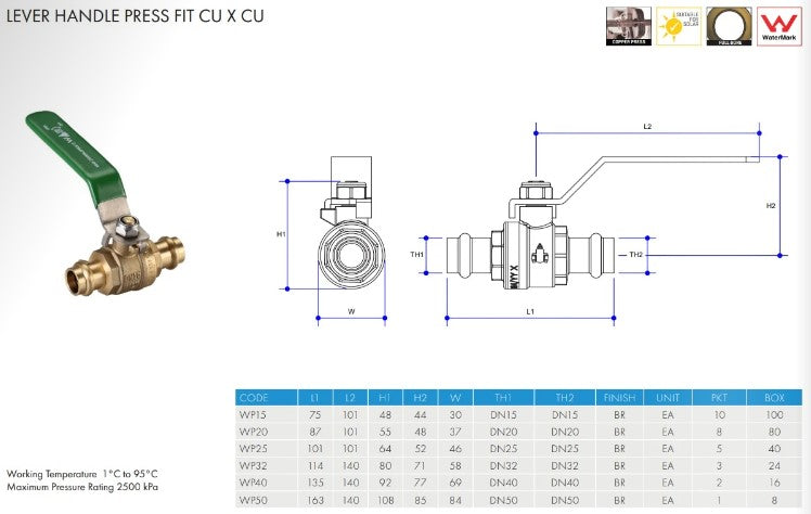 Metpress WaterMarked Press Fit CU Brass Ball Valve Lever Handle