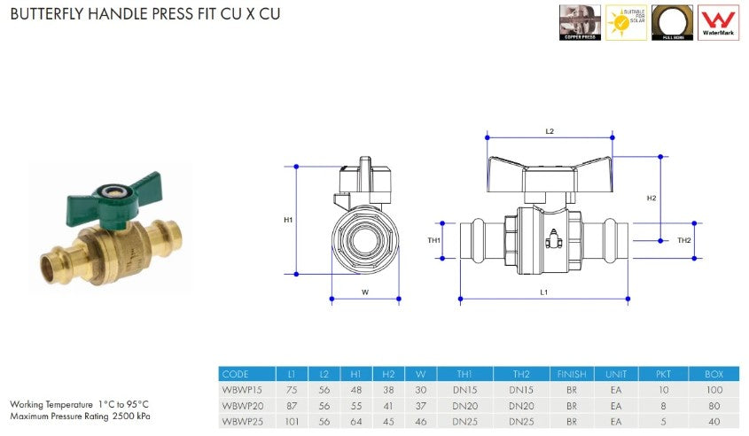 Metpress WaterMarked Press Fit CU Brass Ball Valve Butterfly Handle