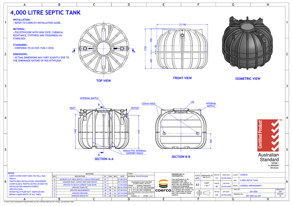 Coerco 4000LTR Poly Septic Tank with Baffle Perth (2200mm D x 1770mm H)