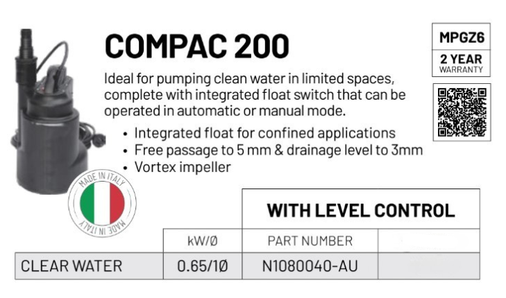 Flotec COMPAC 200 Submersible Pump for Domestic Cleanwater Applications with Integrated Float (Max 172LPM/99kPa)