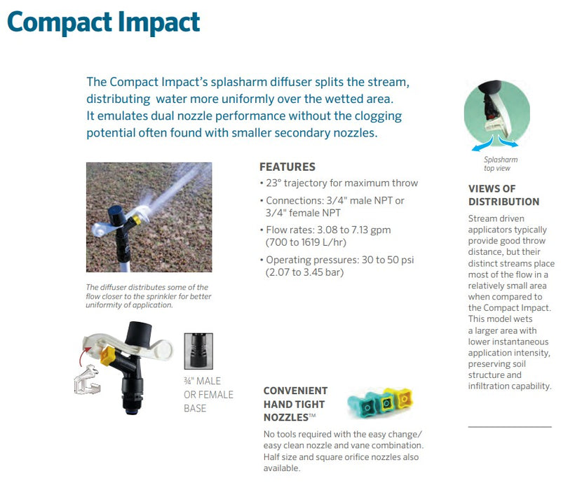 Senninger Compact 20 Series Full Circle 15mm Male Plastic Impact Sprinkler with Single Nozzle and Diffuser