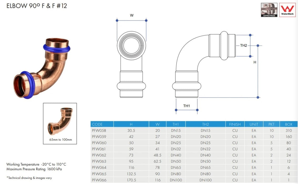 Metpress WaterMarked Series Copper Elbows 90° Female x Female Box of 10
