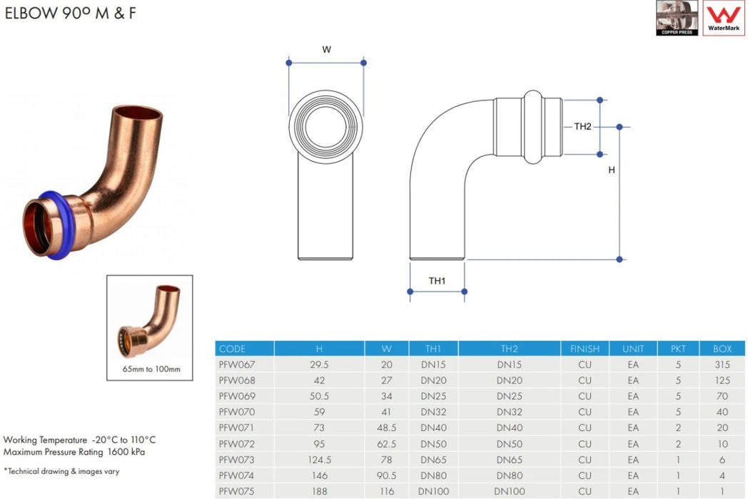 Metpress WaterMarked Series Copper Elbows 90° Male x Female Box of 10